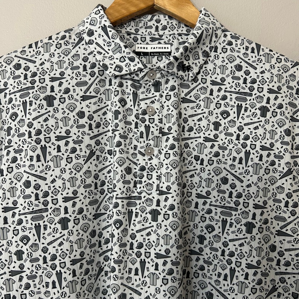 Fore Fathers Shirt Men Large White Baseball Print Short Sleeve Stretch Golf Polo